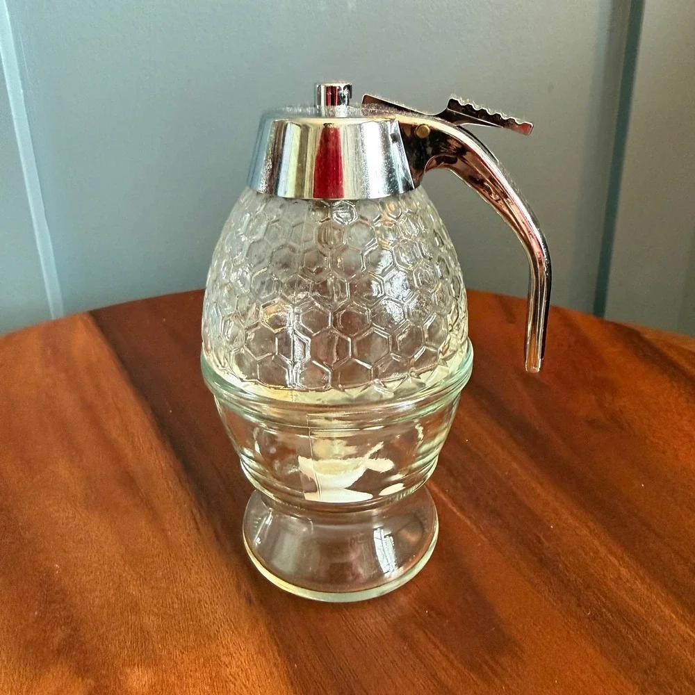Glass‎ Honey Dispenser Server Honeycomb Texture w/ Stand Drip Stopper